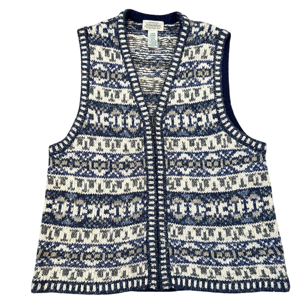 Vintage St. John’s Bay Wool Blend Patterned Blue Cream Full Zip Sweater Vest (L)